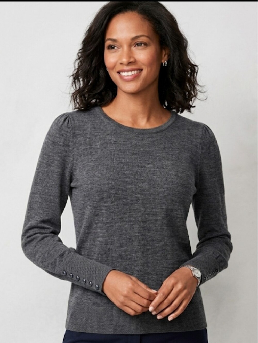 Talbots Gray Merino Wool Sweater Medium Puff Sleeve Button Cuffs Crew Neck